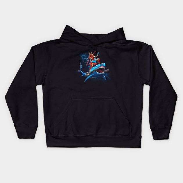 Epic Samurai Surfing on a Shark in Space Playing Guitar Kids Hoodie by andremuller.art